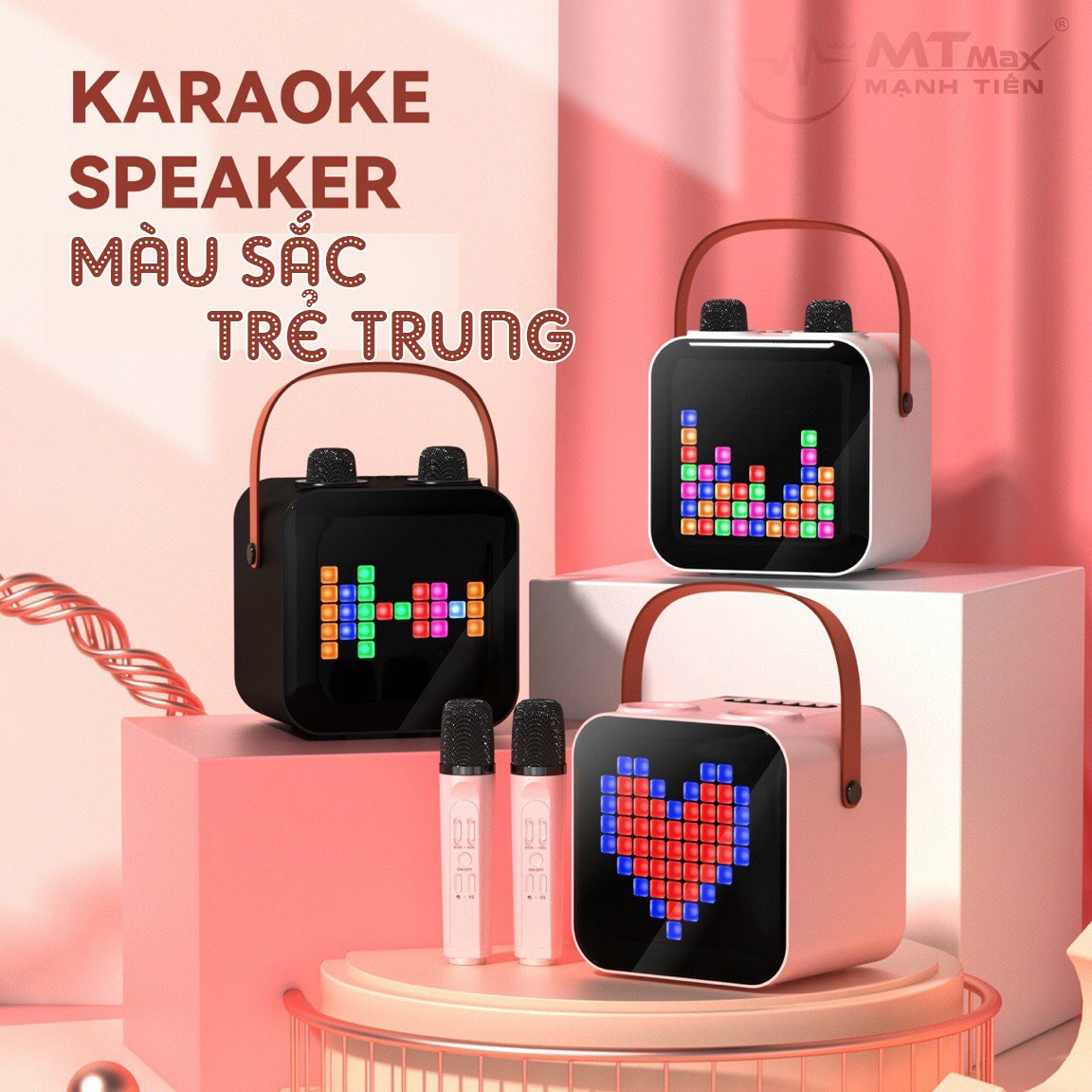 Loa Bluetooth Không Dây karaoke mini xách tay MTMAX SP100 kèm 2 micro không dây có đèn led nhỏ nhắn tiện lợi phục vụ nhu cầu ca hát mọi lúc mọi nơi hàng chính hãng