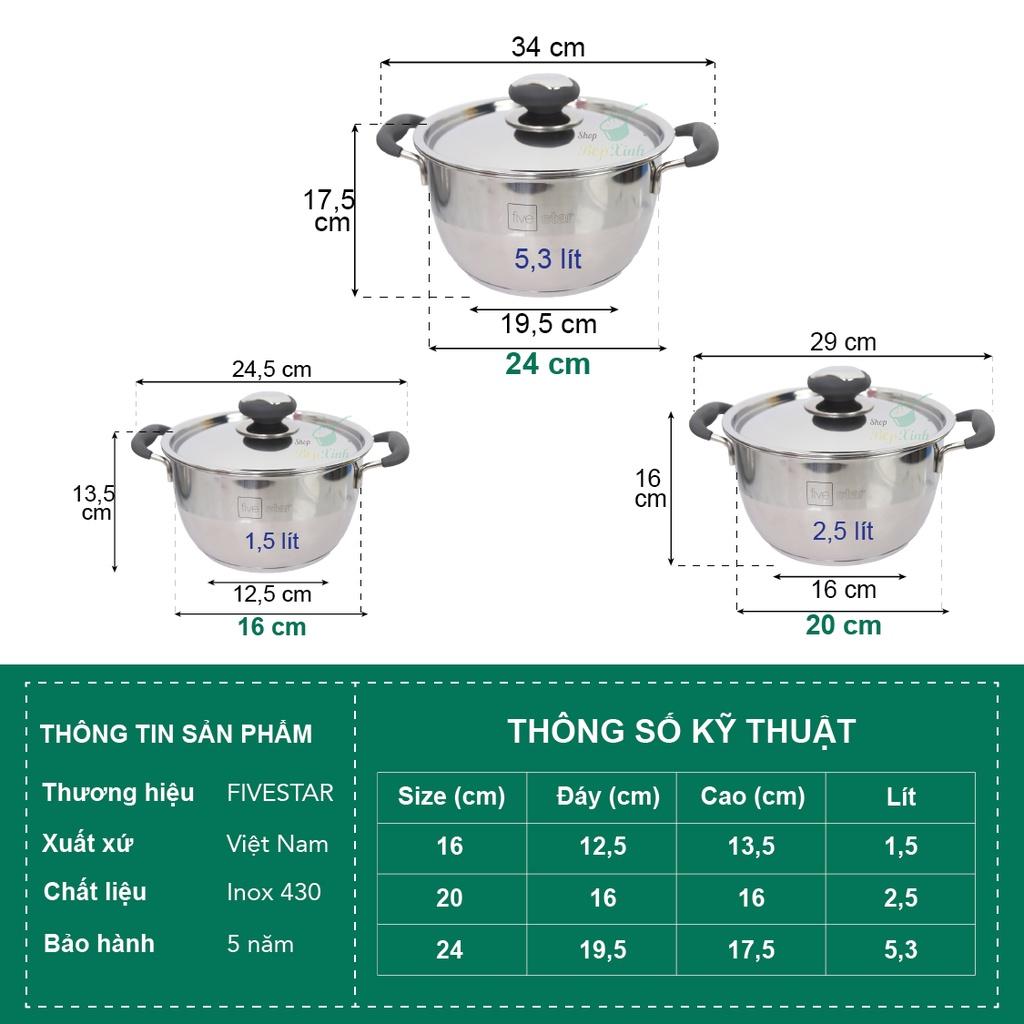 Bộ nồi chảo 3 đáy inox 430 Thân Cool Fivestar Standard quai silicon chống nóng nắp inox bếp từ , tặng 2 vá canh