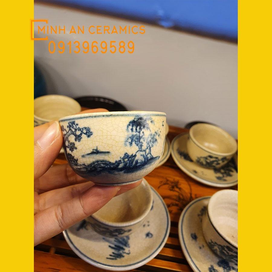 Bộ ấm chén men rạn cổ chóp lửa số 1 vẽ cây tùng gốm Minh An Bát Tràng