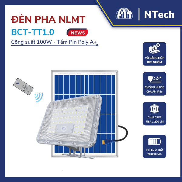 Đèn Pha Năng Lượng Mặt Trời 100W Blue Carbon BCT-TT 1.0