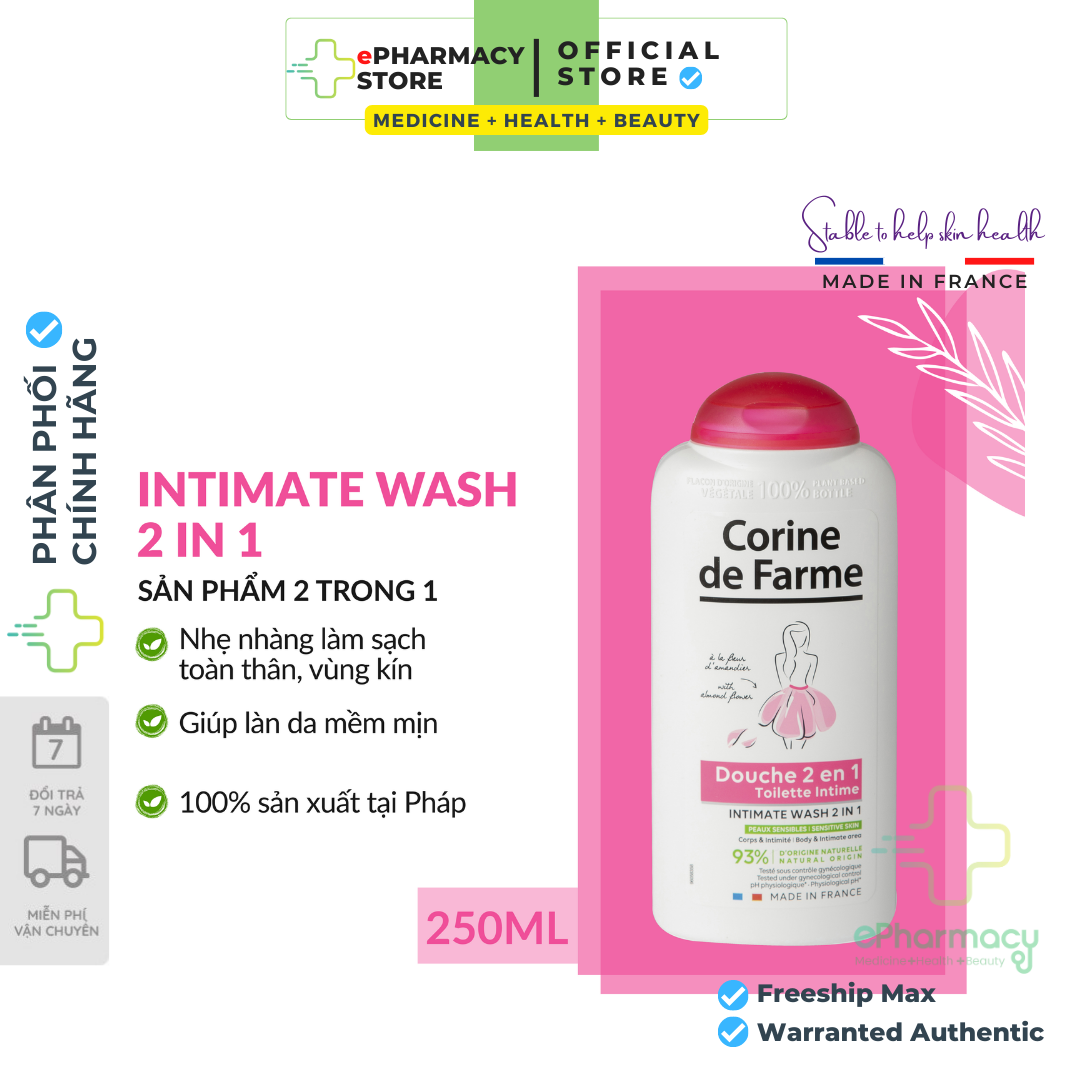 Sữa tắm Corine de Farme Intimate Gel Douche Shower Gel 2 in 1 250ml dùng cho body và vùng nhạy cảm