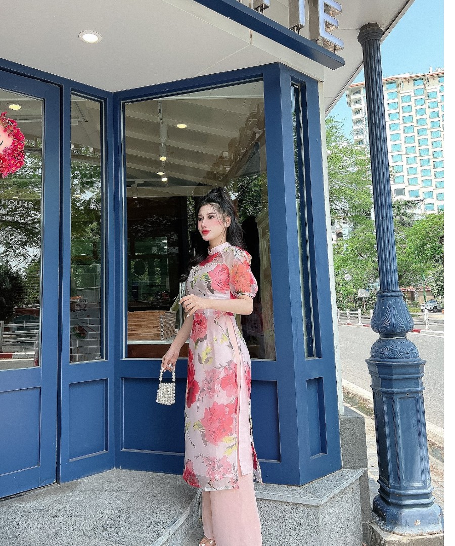 Áo dài cách tân tay phồng in hoa 4 tà cao cấp AD32 - Lady fashion