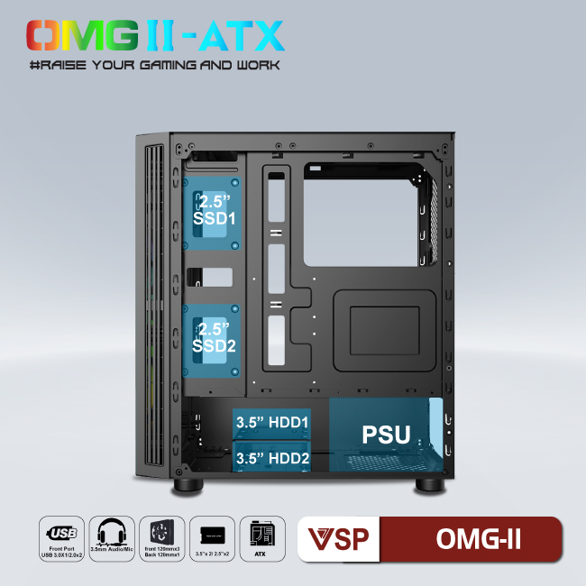 Vỏ máy tính Case VSP OMG II ATX LED Gaming (ĐEN) - Hàng chính hãng TECH VISION phân phối