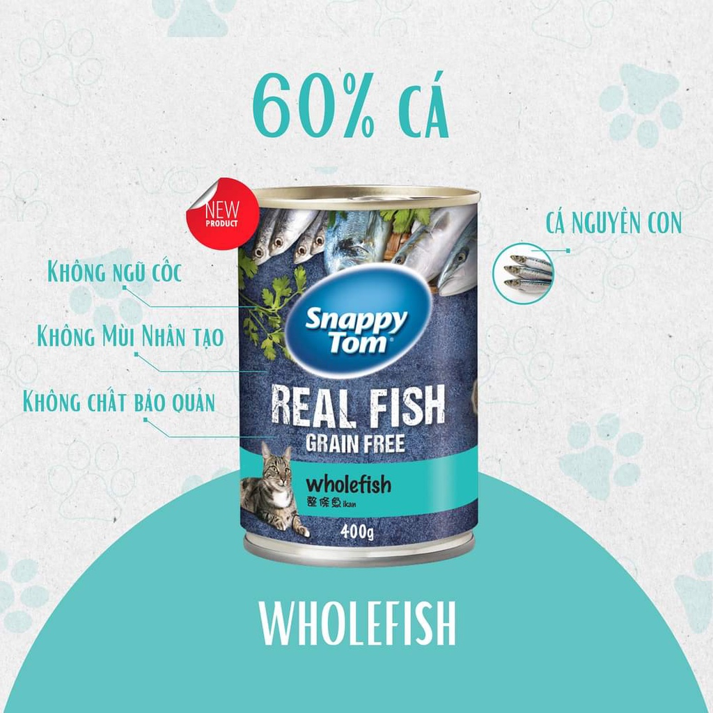 (Lon 400g) Pate Cho Mèo Snappy Tom Real Fish, Real Meat, Grain Free Không Chứa Ngũ Cốc