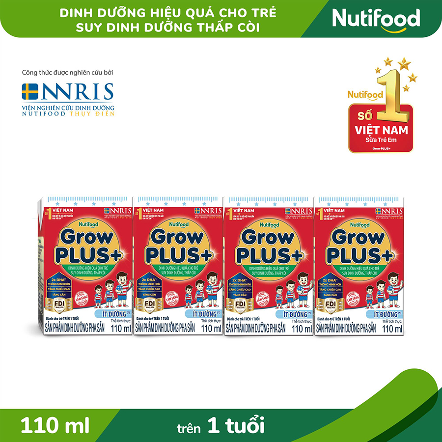 Thùng 48 Hộp Sữa Bột Pha Sẵn Growplus+ Ít Đường 110ml