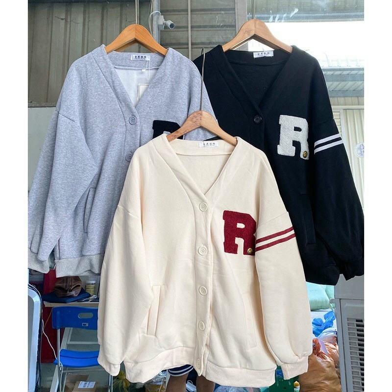 Áo Khoác Cardigan Bomber Nỉ Bông IN LOGO R Sọc Viển Tay Form Rộng Basic Nam Nữ Unisex Ulzzang KUN