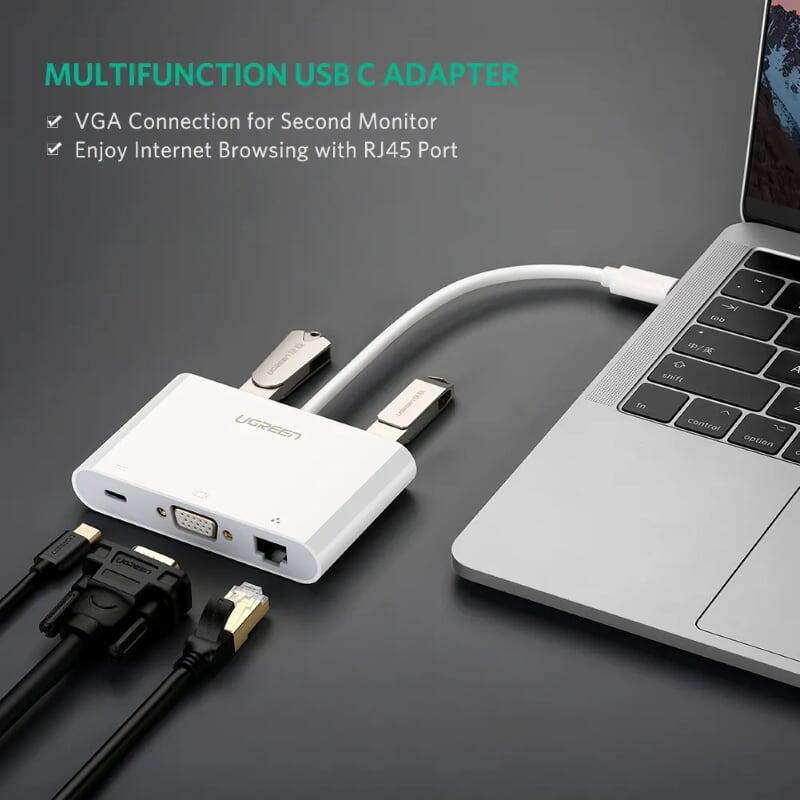 Ugreen UG30439US182TK Bộ chuyển đổi TYPE C sang USB 3.0 + USB 2.0 + VGA + LAN + hỗ trợ nguồn TYPE C - HÀNG CHÍNH HÃNG