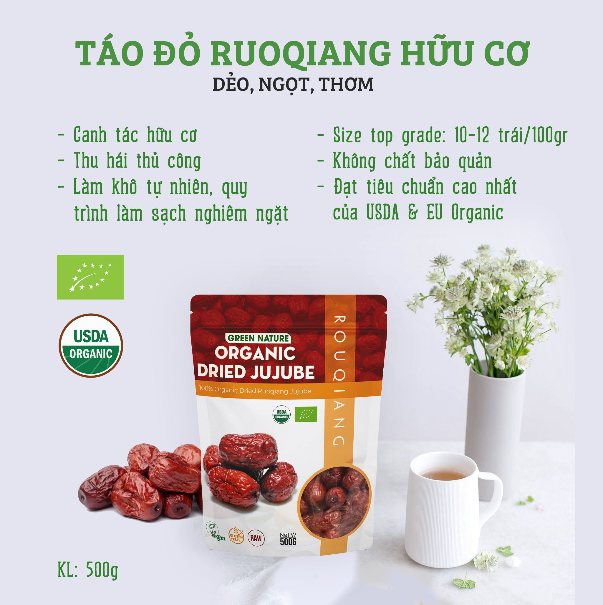 Táo đỏ hữu cơ Rouqiang 500gr Organic Dried Ruoqiang Jujube 500gr - Green Nature