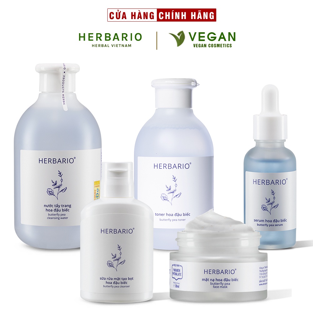 Bộ 5 Hoa Đậu Biếc Herbario: Nước tẩy trang 300ml +Sữa rửa mặt tạo bọt 100ml+mặt nạ 30ml + Toner 200ml + Tinh chất 30ml