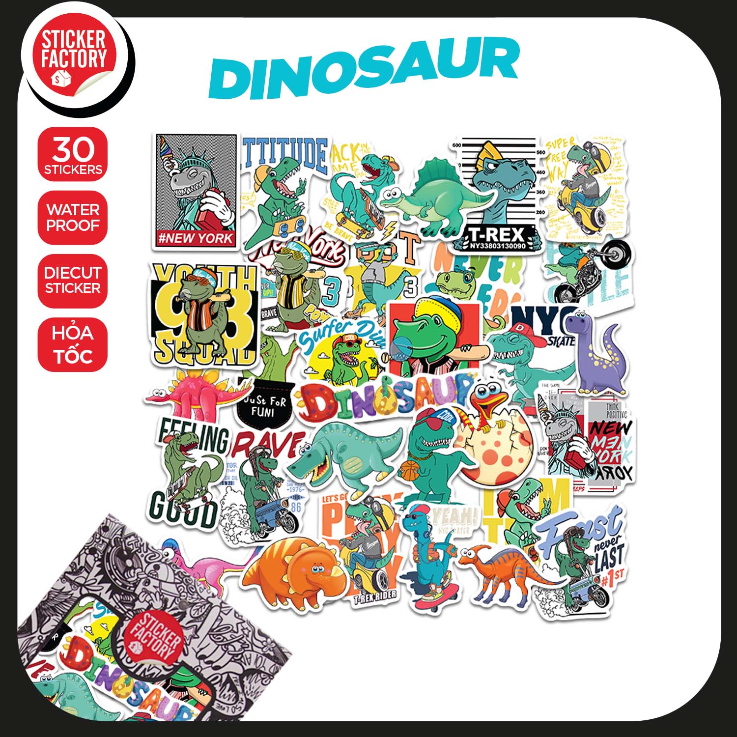 Dinosaur - Set 30 sticker decal hình dán nón bảo hiểm, laptop, xe máy, ô tô - STICKER FACTORY