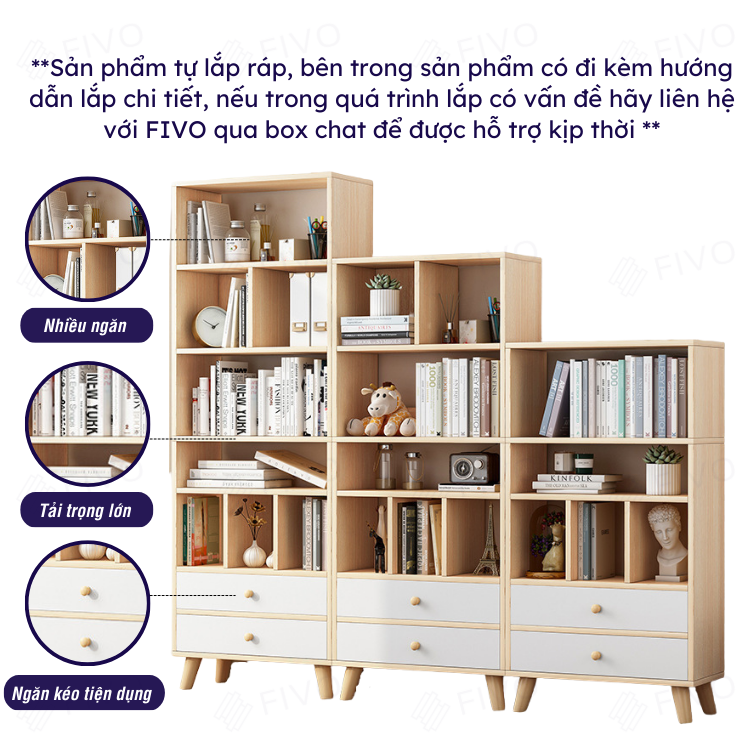 Tủ Kệ Sách Gỗ Đa Tầng 4 Chân Cao Cấp FIVO Mẫu FB61 Nội Thất Lắp Ráp Đơn Giản, Nhiều Ngăn Rộng Rãi