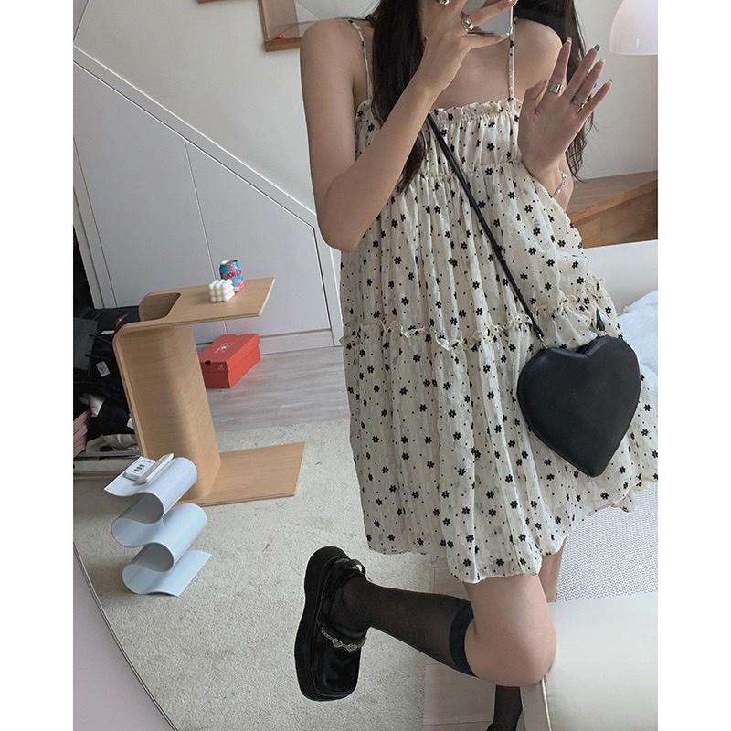 Đầm Nữ 2 Dây Hoa Nhí Đen Ngực Bèo Váy Nữ Dáng Ngắn Chất Voan