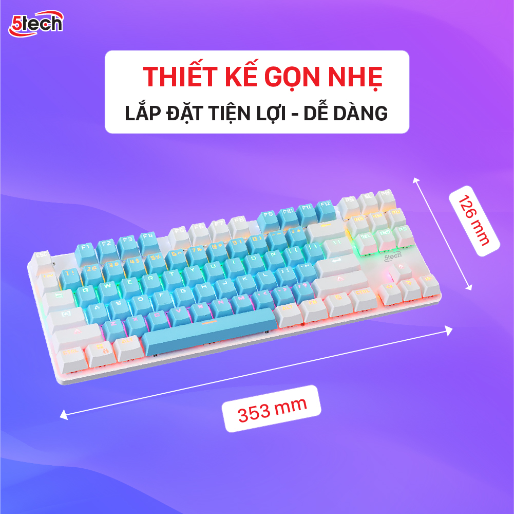 Bàn phím cơ gaming 5TECH Led RGB 10 chế độ nháy cực đẹp, chơi game gõ siêu đã, thiết kế nhỏ gọn dùng cho máy tính, laptop hàng chính hãng