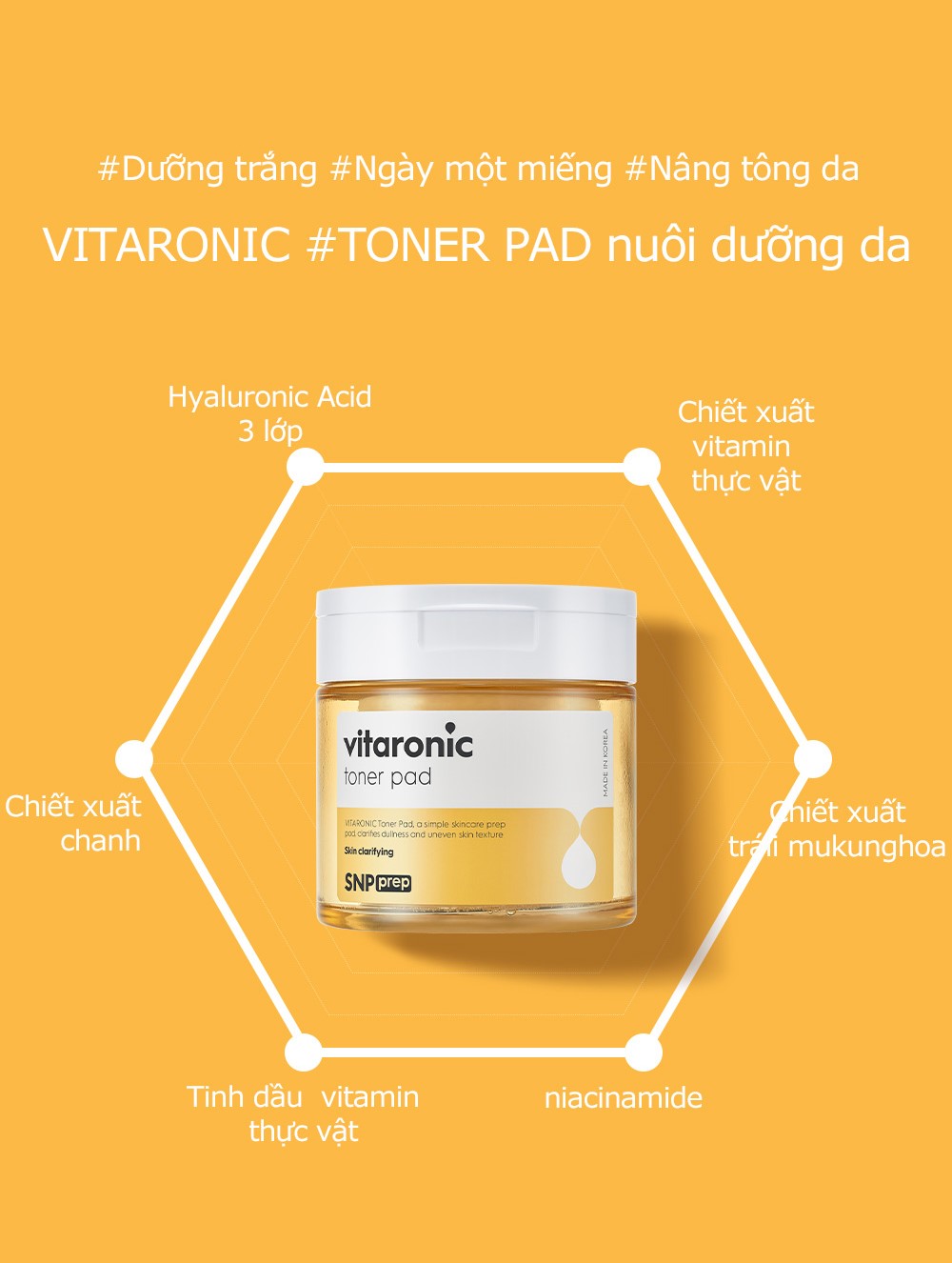 Toner Dưỡng Trắng Da, Mờ Thâm Vitamin C SNP VITARONIC TONER PAD 135ml