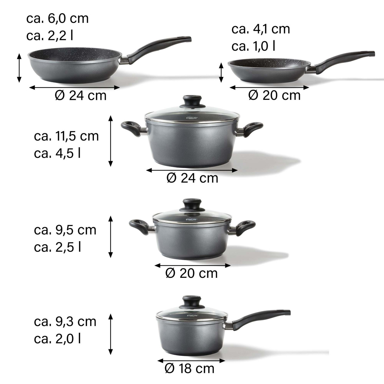 Bộ 5 nồi chảo chống dính phủ đá Stoneline dùng trên bếp từ, bếp gas, chiên không cần dầu mỡ