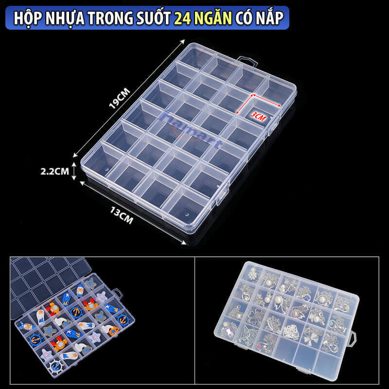 Hộp Đựng Linh Phụ Kiện Chia Ngăn Nhựa Trong Suốt Để Trang Sức Đá Charm Nail Móng Nắp Khoá Treo Tường