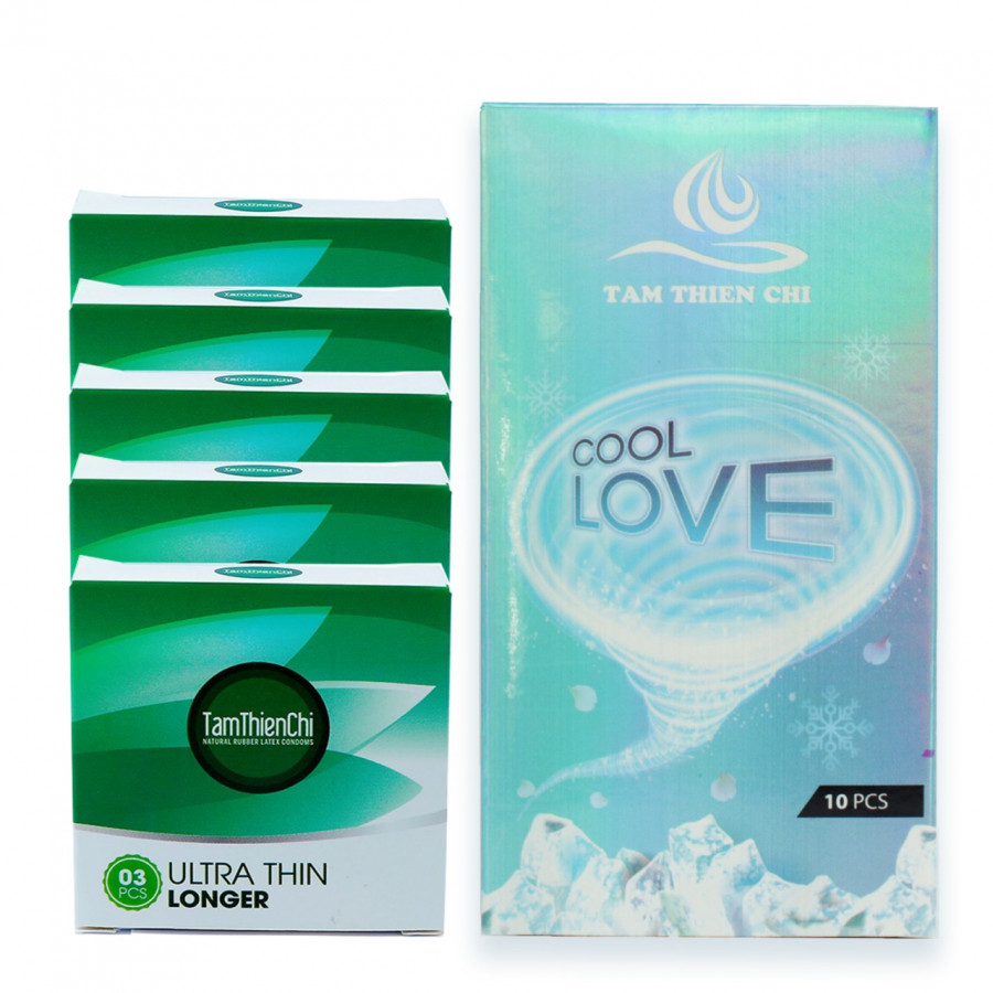 Bao cao su siêu mỏng mát lạnh kéo dài Tâm Thiện Chí Cool Love hộp 10 cái và Bao cao su siêu mỏng kéo dài Tâm Thiện Chí Ultrathin Longer bộ 5 hộp