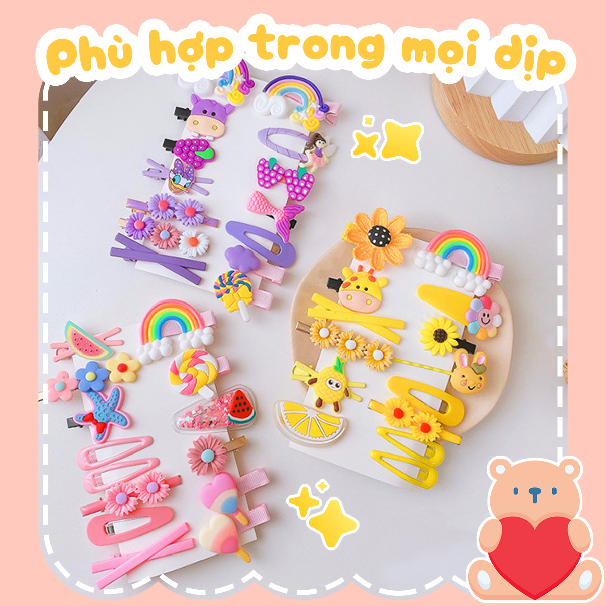 Kẹp tóc cho bé gái, Set 14 kẹp tóc mái cho bé nhiều màu sắc họa tiết dễ thương – SP154