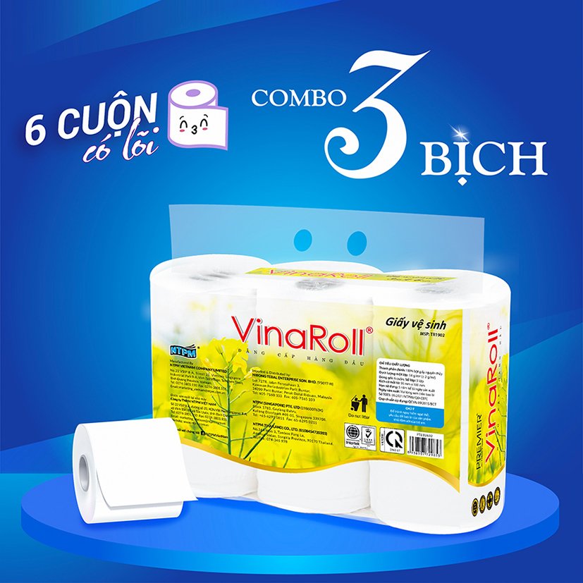 Giấy vệ sinh Premier VinaRoll có lõi, 3 lớp 100% bột giấy nguyên sinh, không chất tẩy lốc 6 cuộn