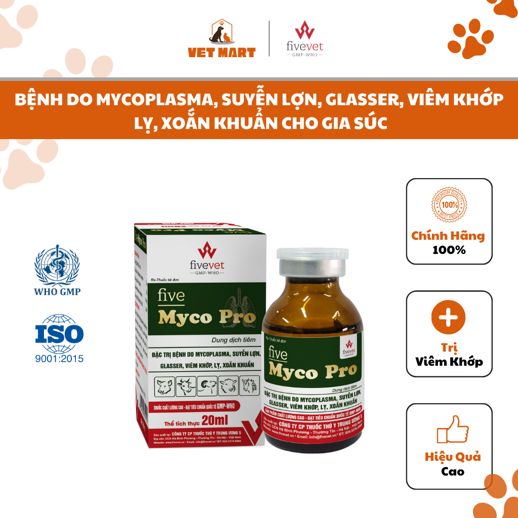 Five-Myco Pro-hỗ trợ trị BỆNH DO MYCOPLASMA, SUYỄN LỢN, GLASSER, VIÊM KHỚP, LỴ, XOẮN KHUẨN