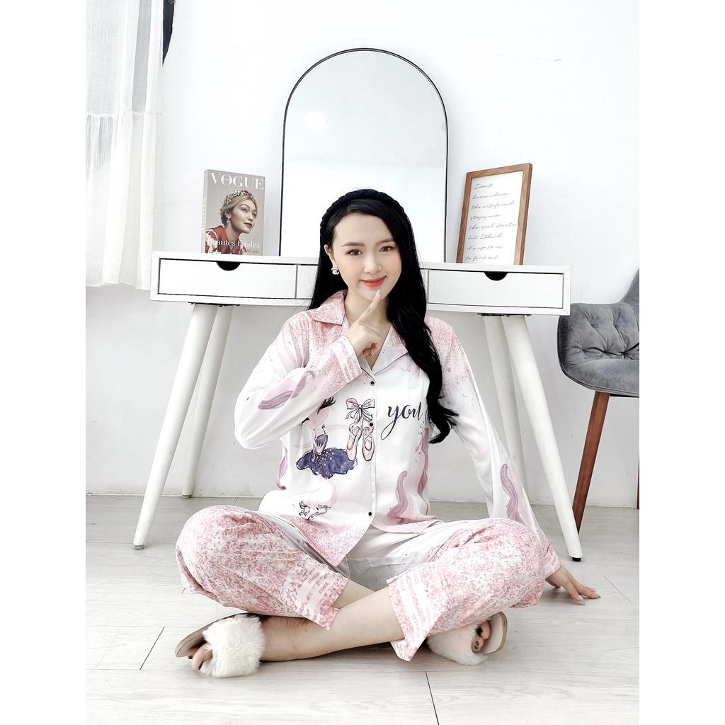 Set bộ Pijama nữ quần dài ống suông rộng và áo tay dài in họa tiết vải lụa latin cao cấp - HMN Fashion