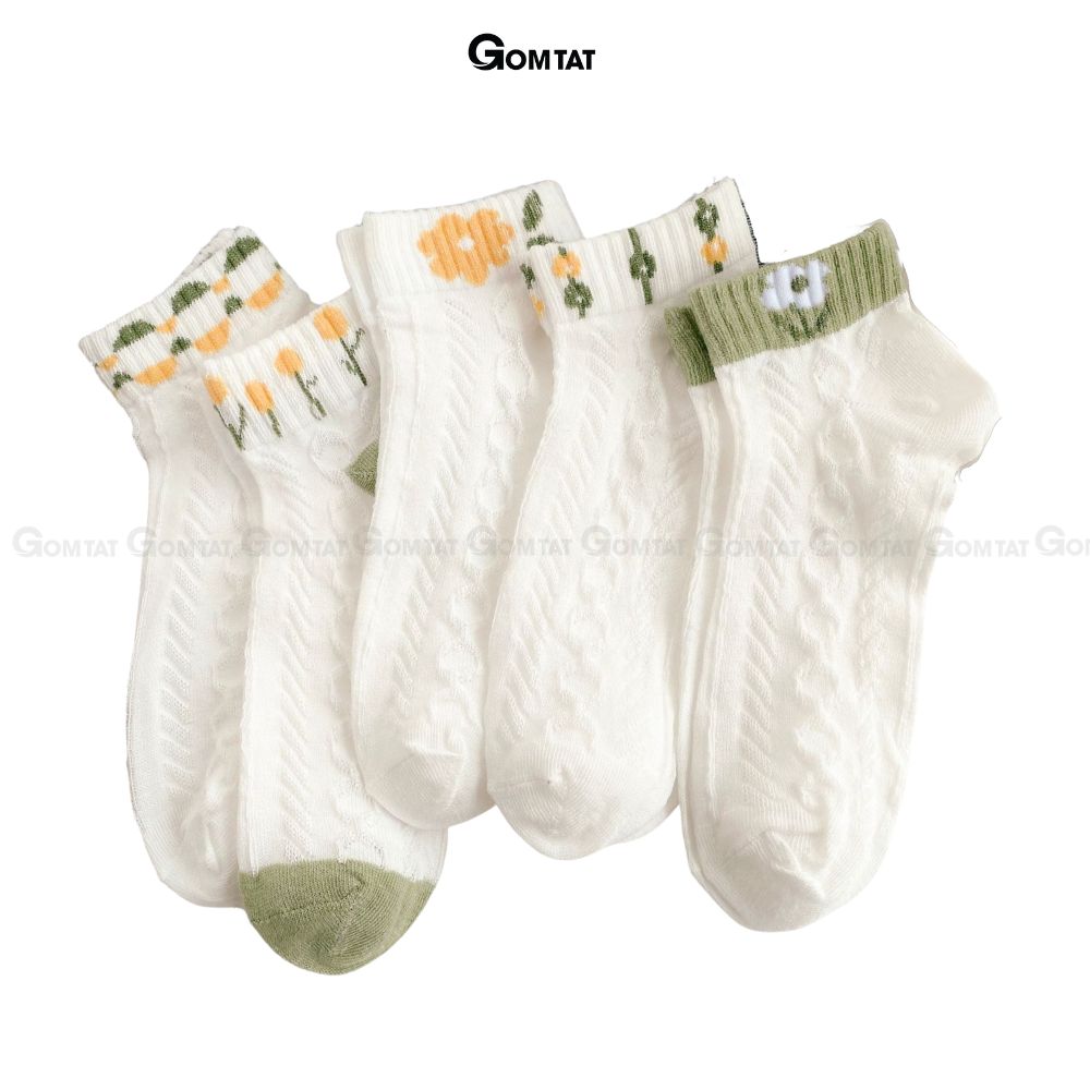 Set 5 đôi tất vớ nữ cổ ngắn GOMTAT họa tiết hoa dễ thương, chất liệu cotton mềm mịn thoáng mát, êm chân - CB093