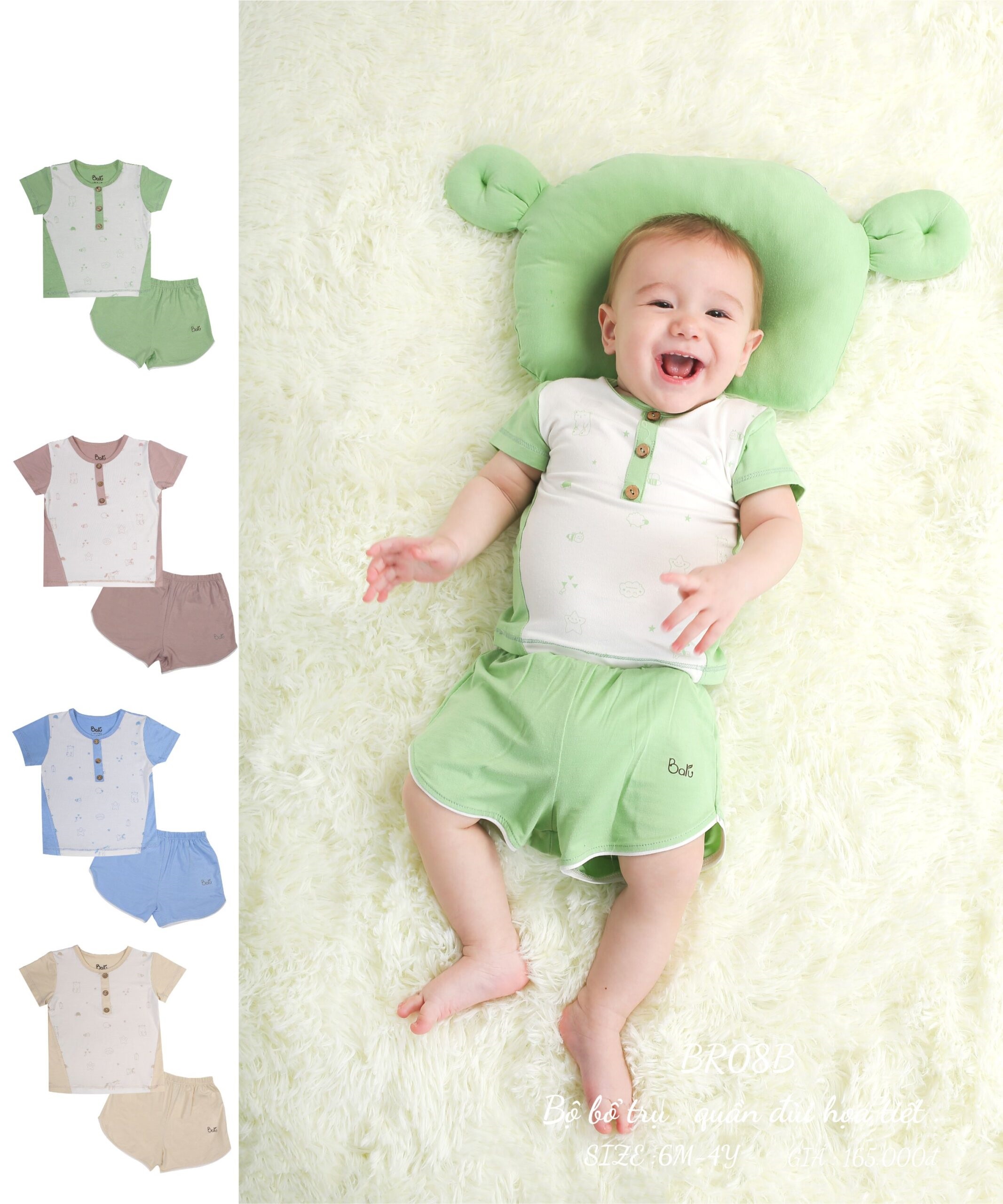 Bộ cộc tay cổ trụ BARU ,chất liệu cotton mềm mại cho bé trai bé gái quần áo trẻ em ( 6M -4Y )