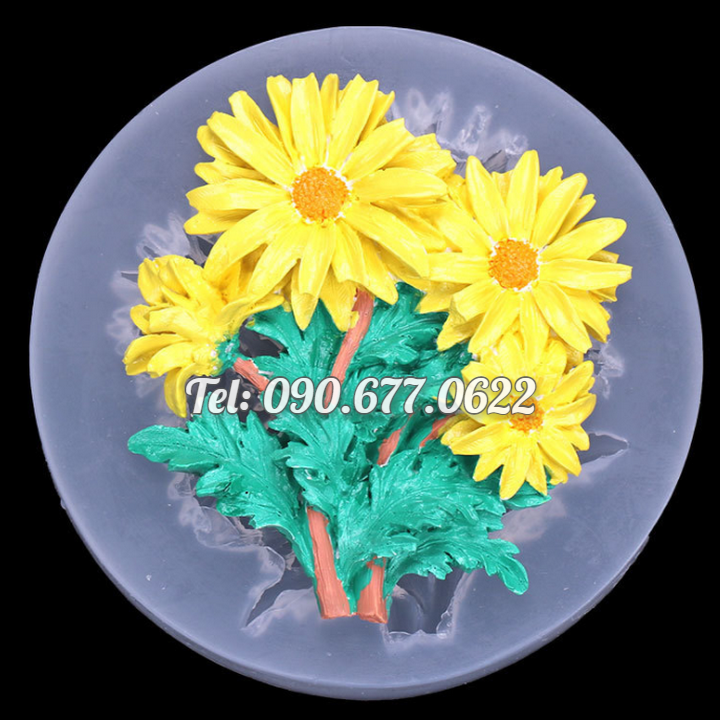 Khuôn silicone làm rau câu 4 hoa cúc họa mi kèm lá loại 10 cm - Mã số 1147