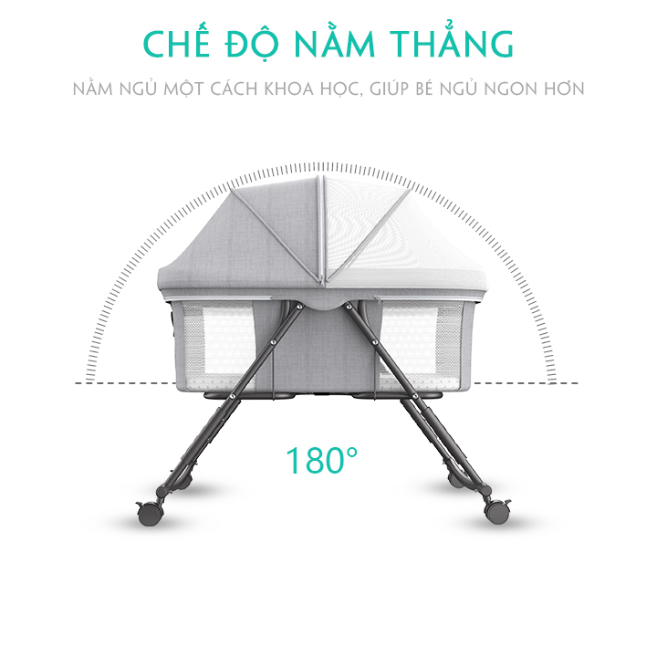 Nôi gấp gọn kèm màn, có bánh xe, gối, nệm. Nôi vải cao cấp cho bé từ sơ sinh tới 24 tháng