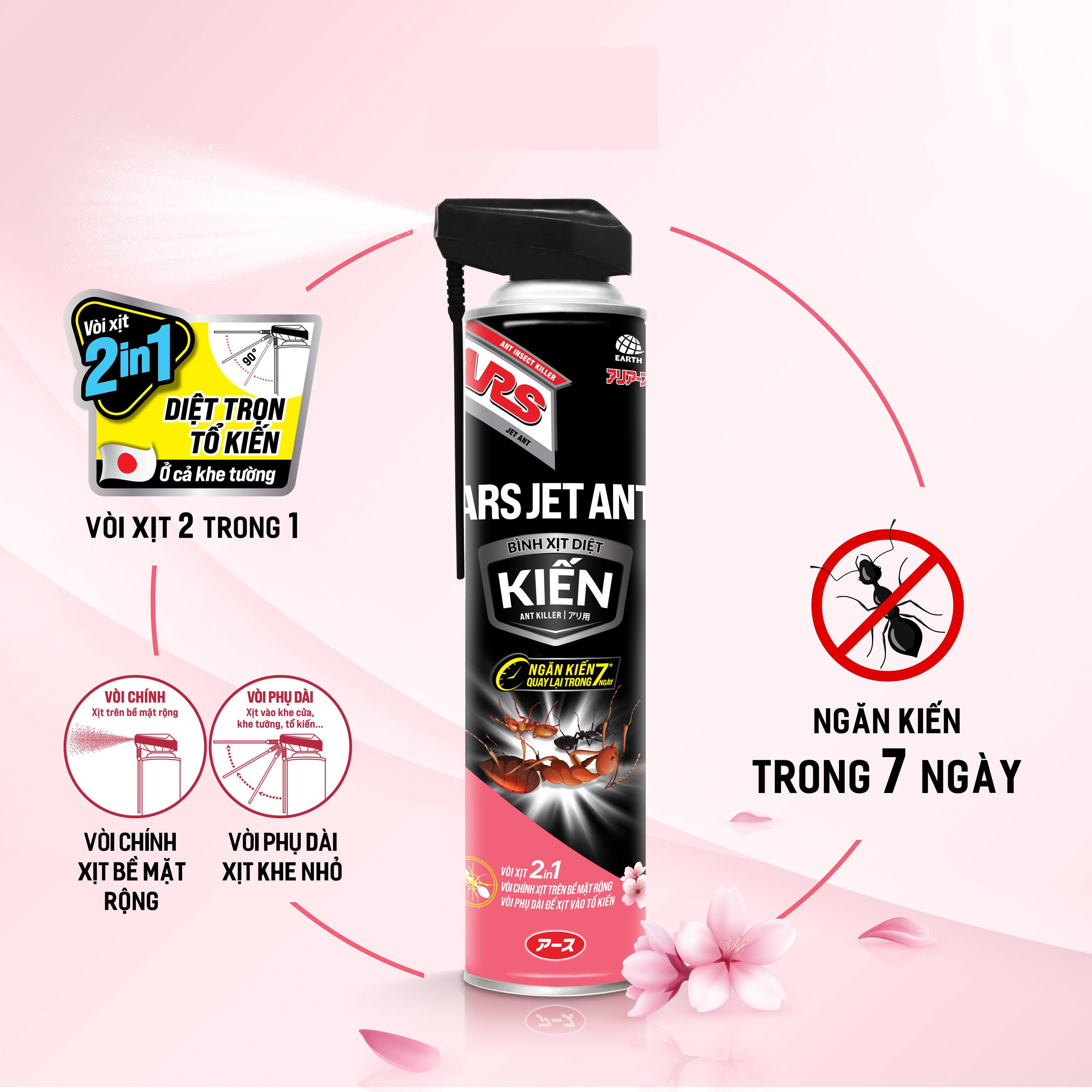 Bình Xịt Diệt Kiến ARS ANT KILLER Hương Sakura_ Vòi xịt 2in1, diệt trọn tổ kiến, ở cả khe tường