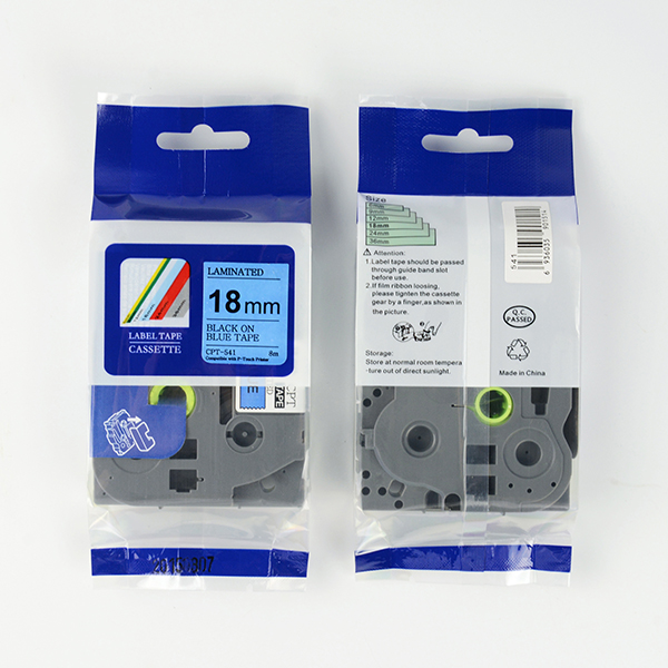 Tape nhãn in tương thích CPT-541 dùng cho máy in nhãn Brother P-Touch (chữ đen nền xanh dương, 18mm)