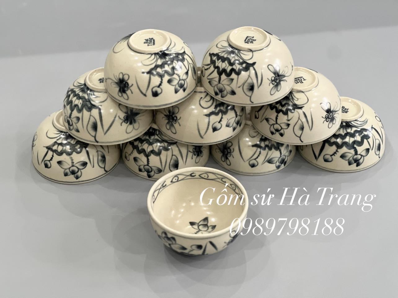 Combo bát cơm gốm sứ Bát Tràng cao cấp men rạn vẽ tay xuất dư hoạ tiết sen chuồn