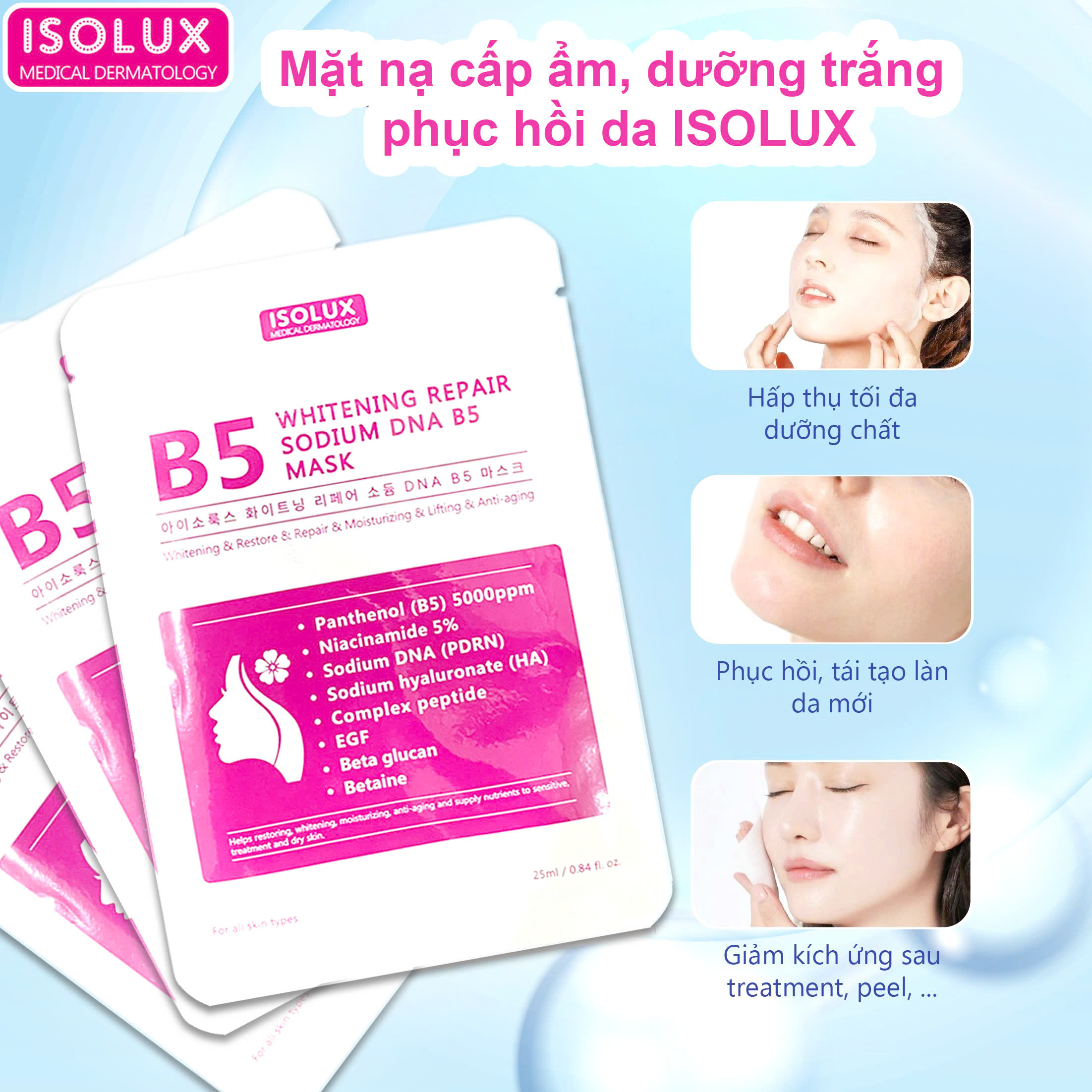 Mặt nạ ISOLUX Whitening repair sodium DNA B5 mask Hàn Quốc 25ml hạn 2027 - dưỡng trắng cấp ẩm phục hồi da