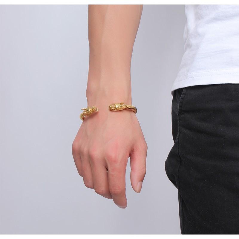 Vòng tay 2 đầu rồng đúc titanium cao cấp- Không phai màu