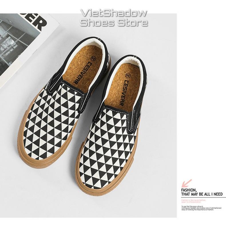 Slip on nữ - Giày lười vải ca rô tam giác đen trắng - Chất liệu vải thô thoáng khí, đế cao su chống trơn trượt - Mã SP 812