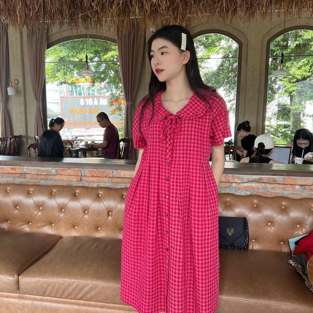 Đầm bầu karo cổ bèo thắt nơ dáng suông dễ thương, trẻ trung, năng động - Nâu