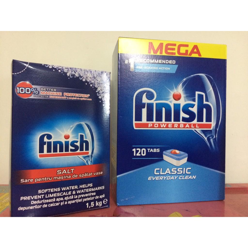 Combo 110 viên Finish +1.5kg muối rửa bát dùng cho máy rửa bát chén + Tặng 3 viên Finish