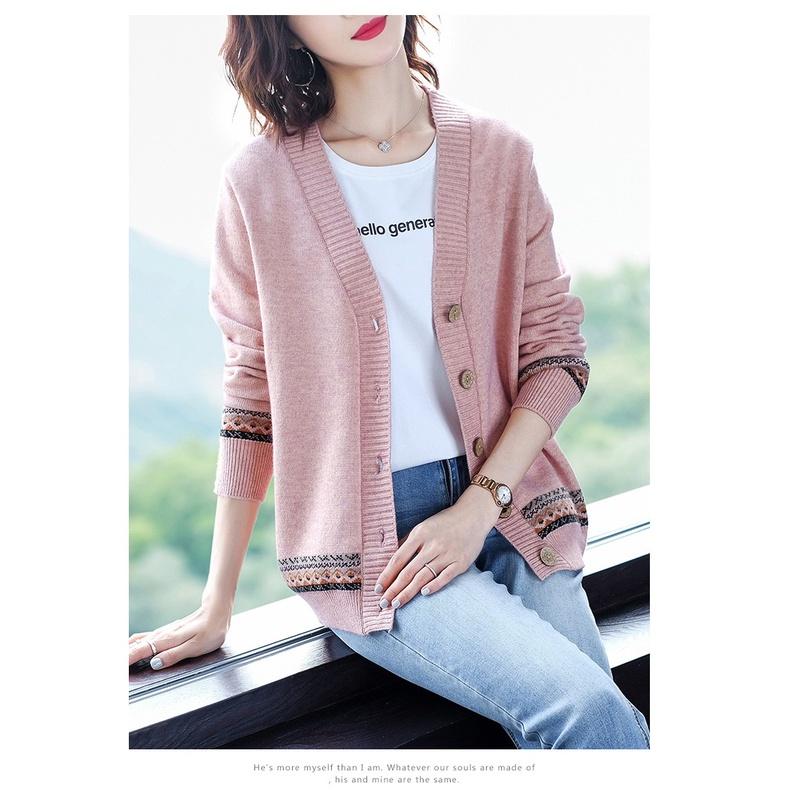 MS319 Áo khoác cardigan len nữ thổ cẩm cổ tim