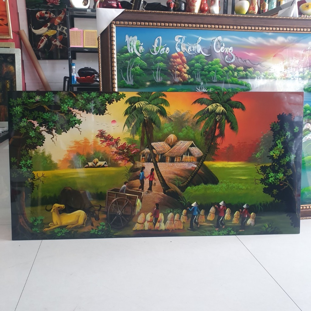 Tranh sơn mài đồng quê vẽ màu đẹp Thanh Bình Lê, hàng xuất khẩu cao cấp loại 1 size 60x120 cm