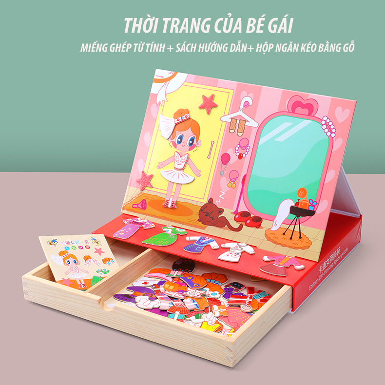 Đồ chơi bé gái thay đổi trang phục, ghép hình bằng các mảnh từ tính, chất liệu bằng gỗ iTOYS DCG018A