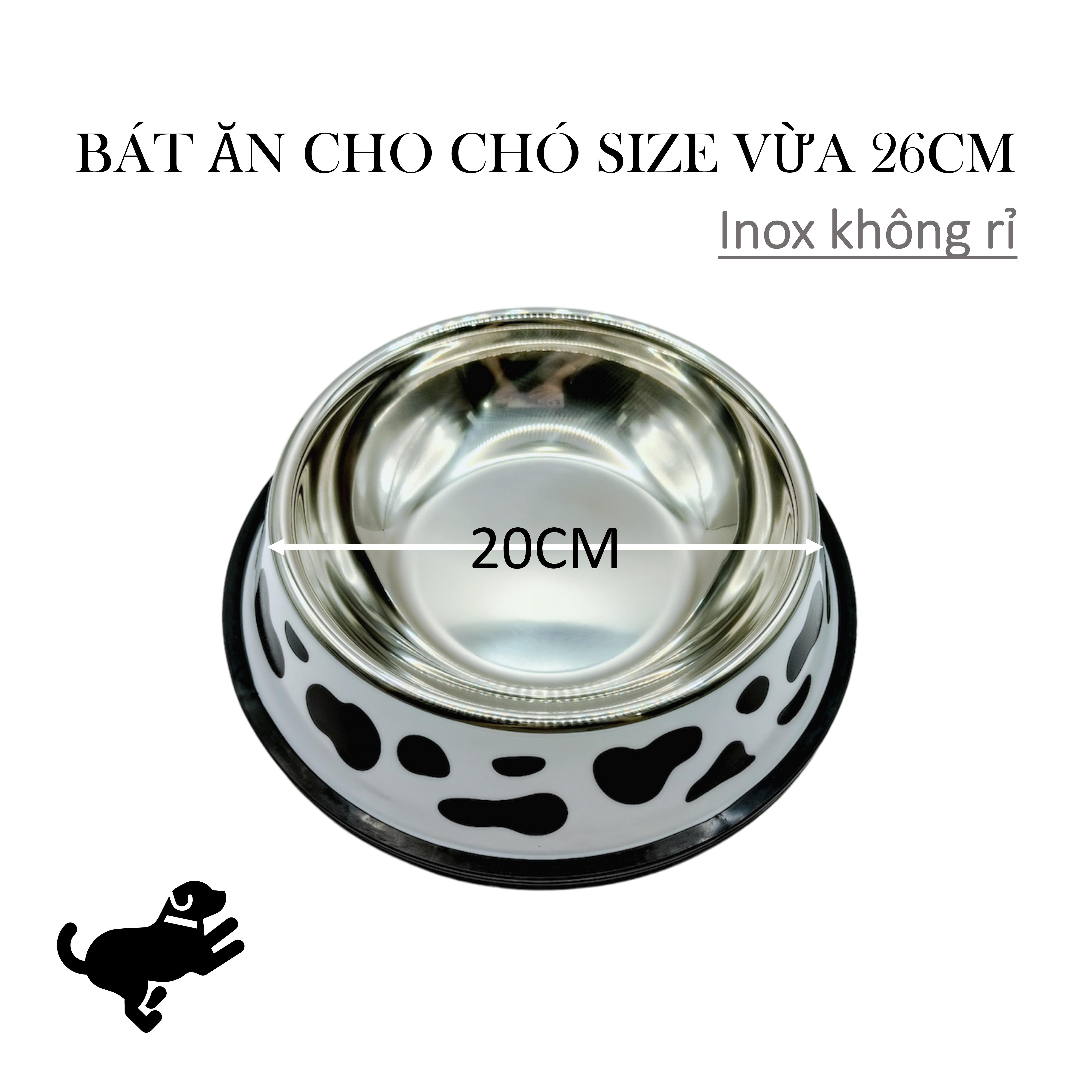 Bát ăn thú cưng, bát ăn chó mèo hình bò sữa, chất liệu inox an toàn sử dụng cho vật nuôi. Bát có 3 kích thước 18cm, 26cm, 34cm. Bát ăn size vừa 26cm