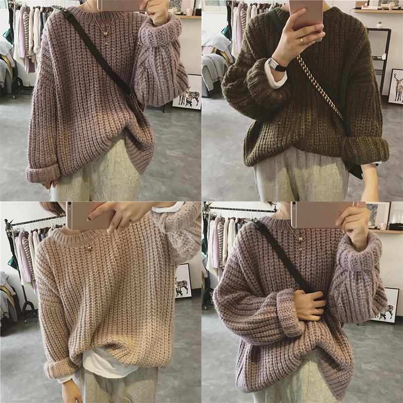 Áo dệt kim nữ dài tay cổ tròn màu trơn
