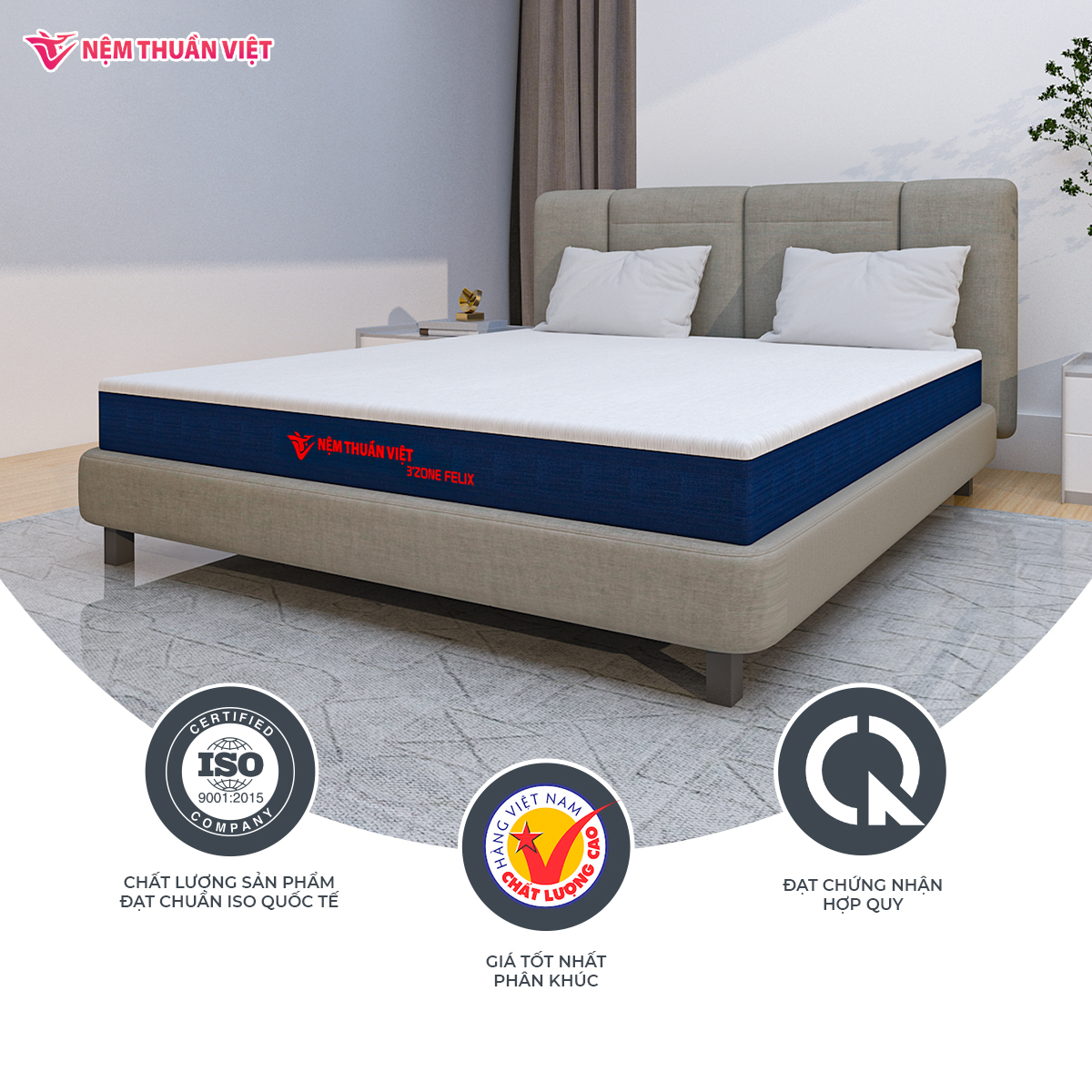 Nệm Foam Phân Vùng Thuần Việt 3'zone Felix  - Đầy Đủ Kích Thước - Nâng Đỡ Tối Ưu - Miễn Phí Vận Chuyển, Bảo Hành 12 Năm, Trả Góp 0