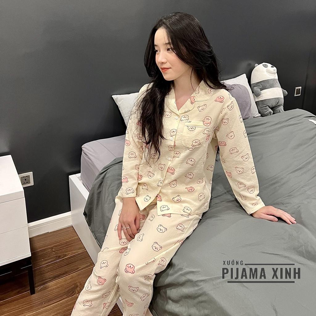Bộ Mặc Nhà, Đồ Ngủ Nữ, Pijama Dài Tay Hình Gấu Chất Liệu Xốp Đũi Hàn