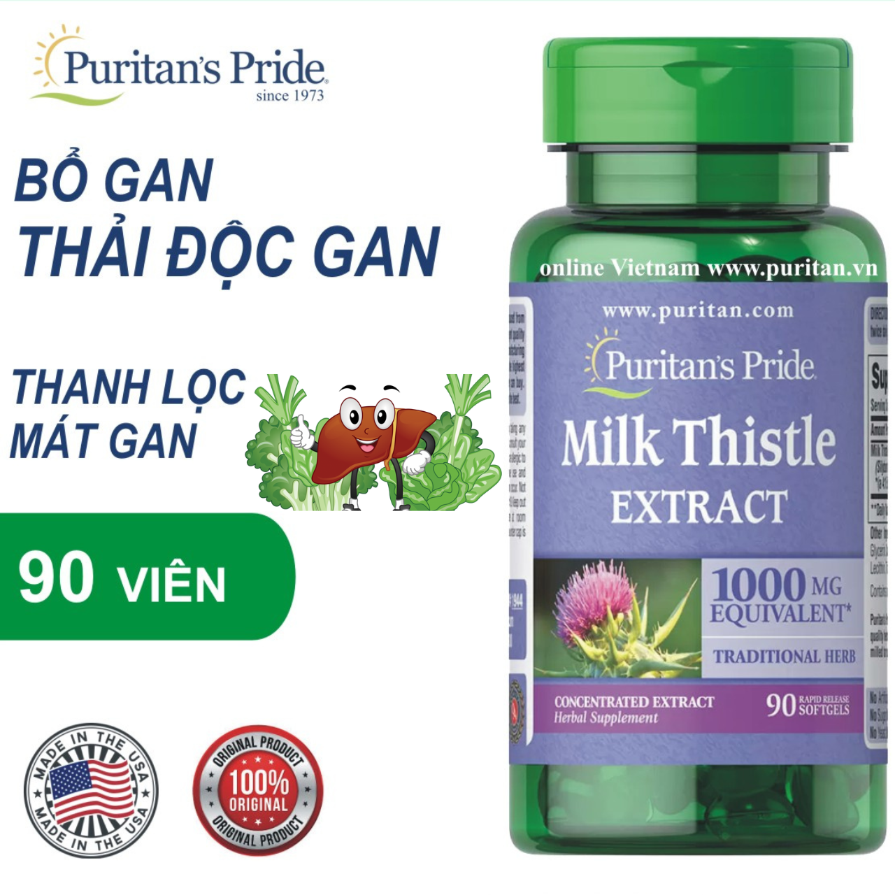 Bổ gan Puritan's Pride Milk Thistle Extract 1000mg Mỹ hỗ trợ giúp gan khỏe hơn, tăng sức đề kháng, hỗ trợ giải độc gan, giảm mụn - OZ Slim Store