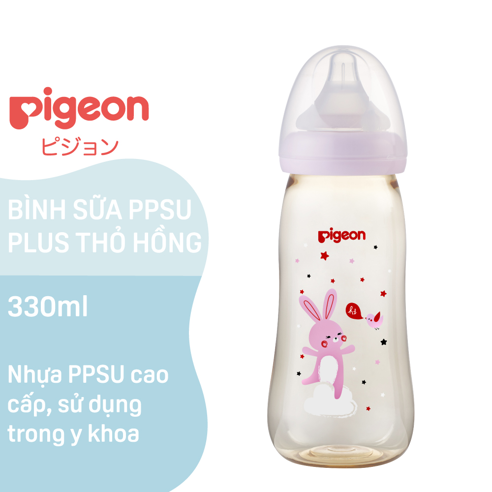 Bình sữa cổ rộng PPSU Plus Voi xanh/ Thỏ hồng Pigeon 330ml (L)