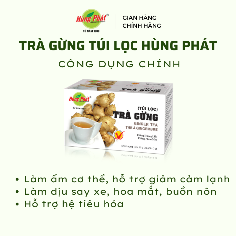 Trà Gừng Túi Lọc Tiện Lợi Làm Ấm Cơ Thể Hỗ Trợ Tiêu Hóa Hộp 25 Gói - Trà Hùng Phát