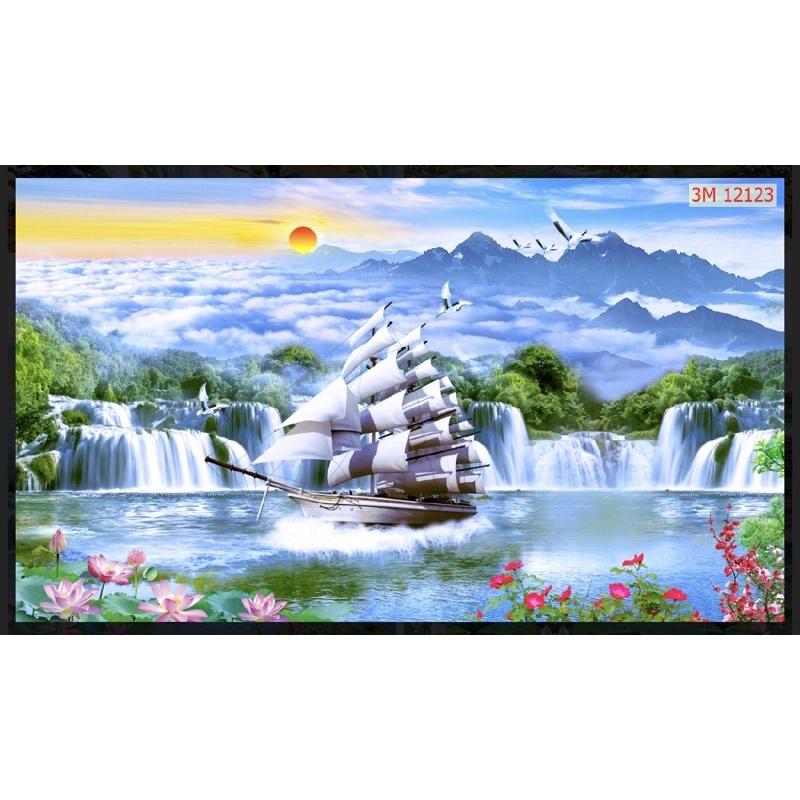 Tranh thuận buồm xuôi gió dán tường 3d. tranh in vải lụa kèm keo