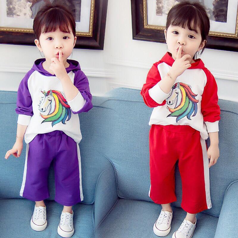 Bộ bé gái Pony tay dài thun cotton xinh mát ấm áp mùa mưa