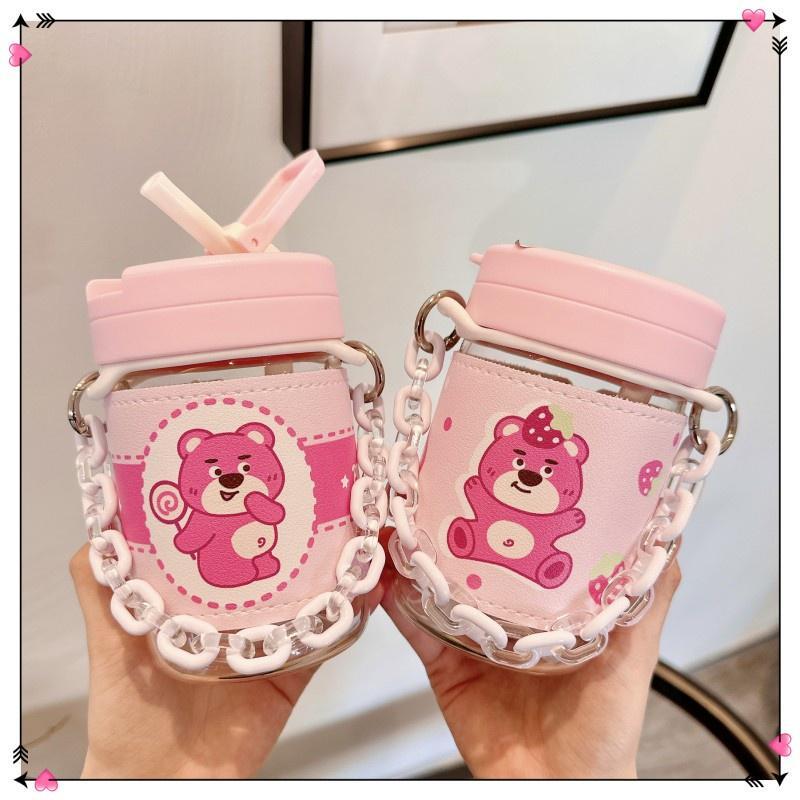 Bán Chạy Nhất Cốc Thủy Tinh Dễ Dàng Mang Theo Gấu Dâu Tây / Có Nắp Và Một Bao Da Cách Nhiệt / Với Dây Xích / Với Ống Hút